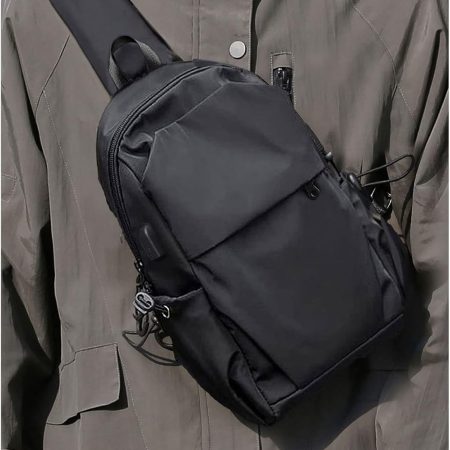 Small Black Sling Crossbody Backpack Shoulder Bag for Men Women, Lightweight One Strap Back Pack Sling Bag Backpack for Hiking Walking Biking Travel Cycling USB Charger Port-Nylon