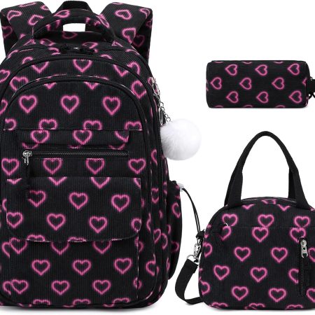 Backpack for Girls, 3PCS Corduroy Kids Backpack Set | with Lunch Box & Pencil Pouch, Bookbag Daypack Laptop Bag for Women Teens Elementary Middle High School