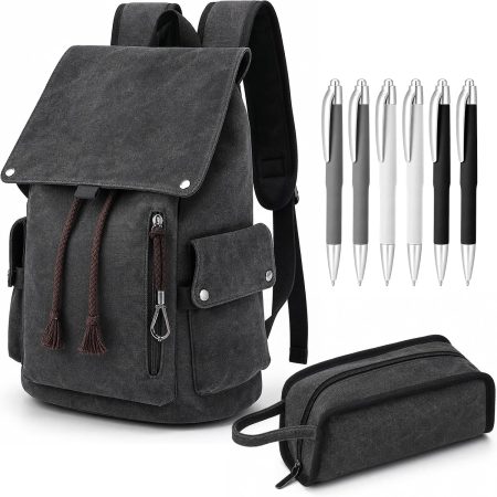 8 Pcs Vintage Canvas Backpack Set Retro Daypack with Pencil Case and 6 Pens 12.2 Inch Classic Black Rucksack for Men Women College Laptop Travel Work